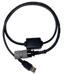 A black usb cable with a gray connector on a white background.