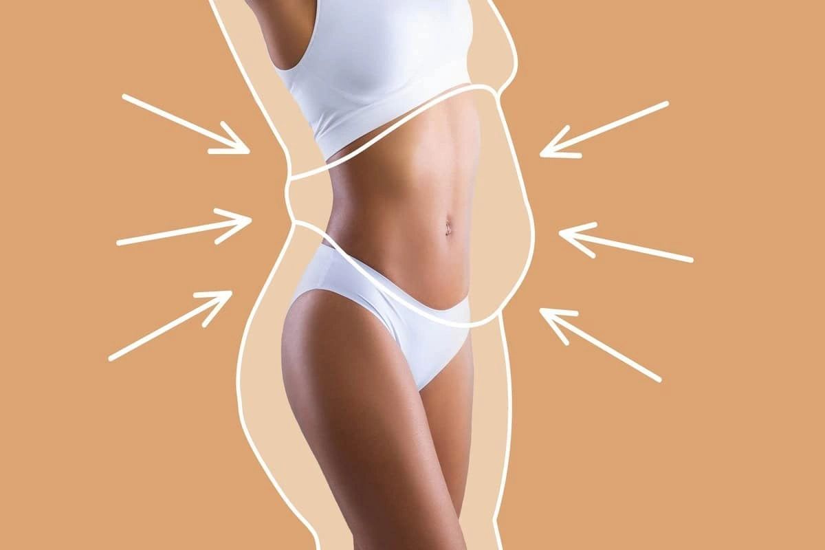 Woman in white lingerie, with a graphic showing a body shape transformation, arrows pointing inwards.