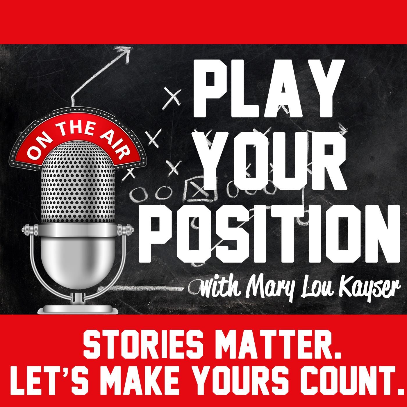 A poster that says play your position with mary lou kayser