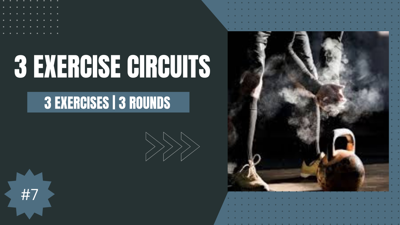 3 exercise circuits; 3 exercises, 3 rounds, with athletes lifting kettlebells on a dark gym background.