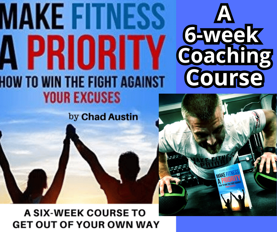 Fitness book cover and course ad with a silhouetted group at sunset and a man using workout equipment.