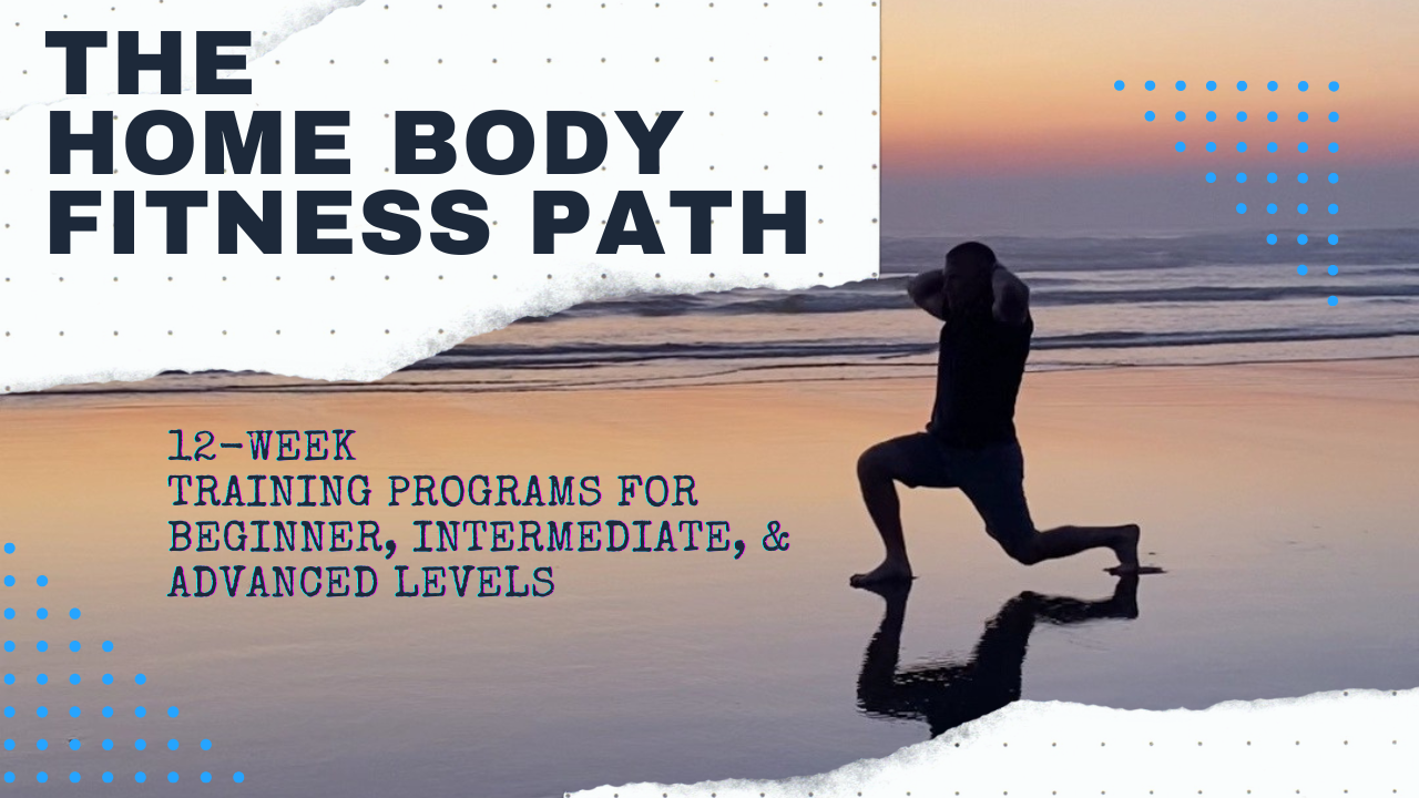 A person does a lunge on water at sunset. Text: Home Body Fitness Path. Training programs for beginner, intermediate, and advanced levels.