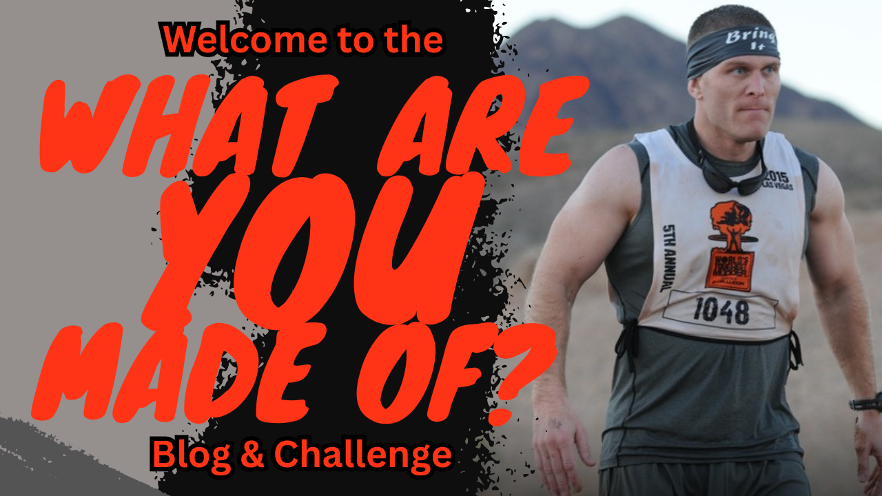 Banner reading “What Are You Made Of?” with a runner in a race bib and “Blog & Challenge” text