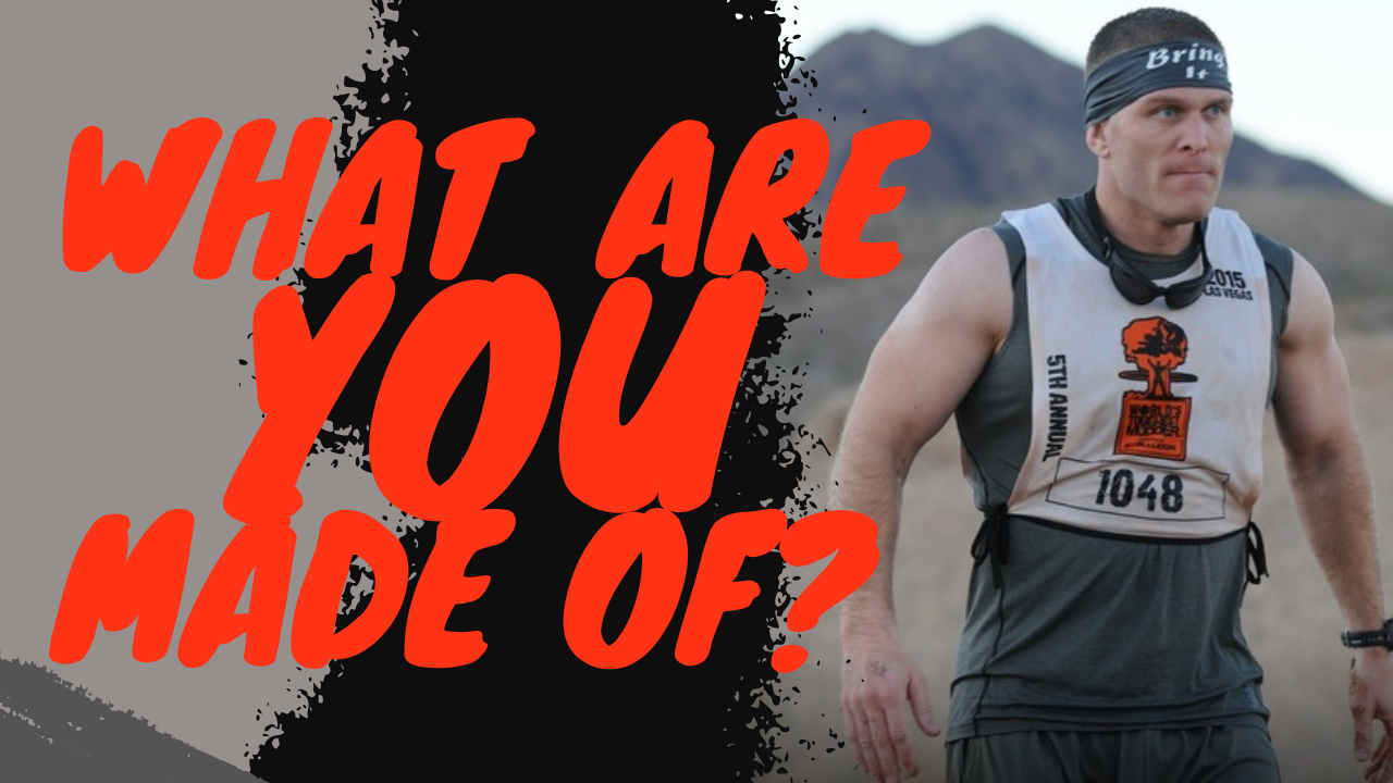 Motivational event poster with a runner and the text “WHAT ARE YOU MADE OF?”