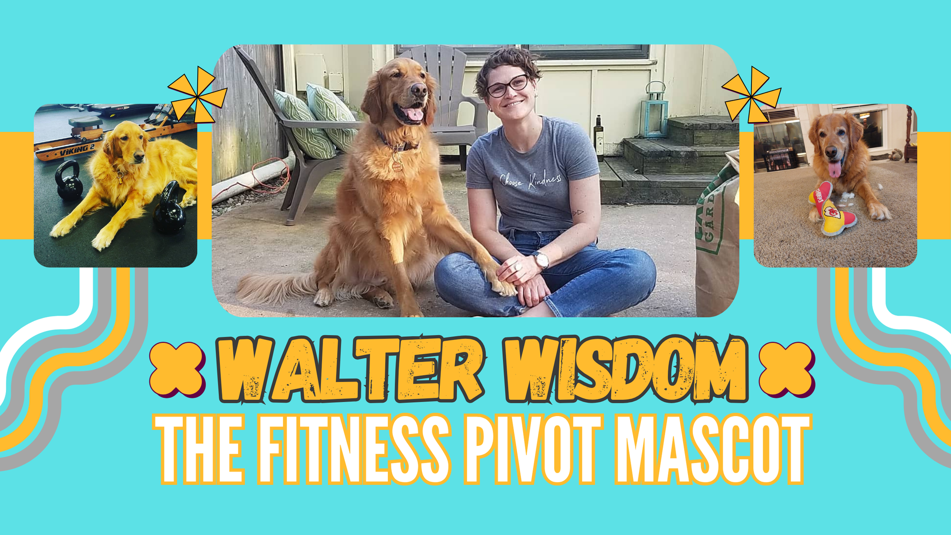 Walter Wisdom fitness mascot banner with a brown dog and a man sitting on grass, teal background, bold yellow text.