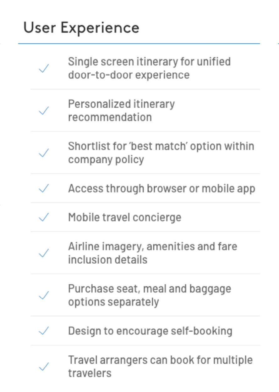 User experience features: single-screen itinerary, personalized recommendations, mobile access, and self-booking design.