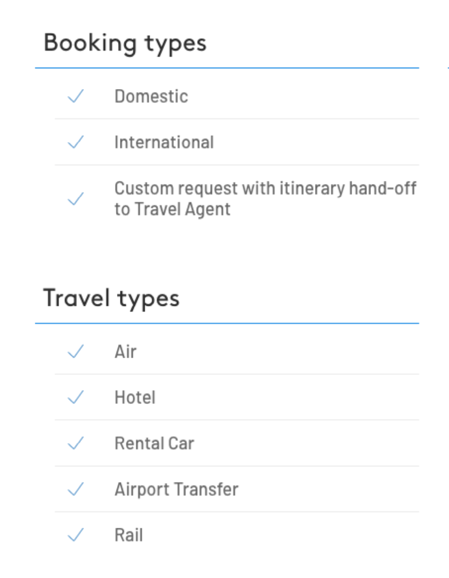 List of booking and travel types with checkmarks: Domestic, International, Custom request, Air, Hotel, Rental Car, Airport Transfer, Rail.