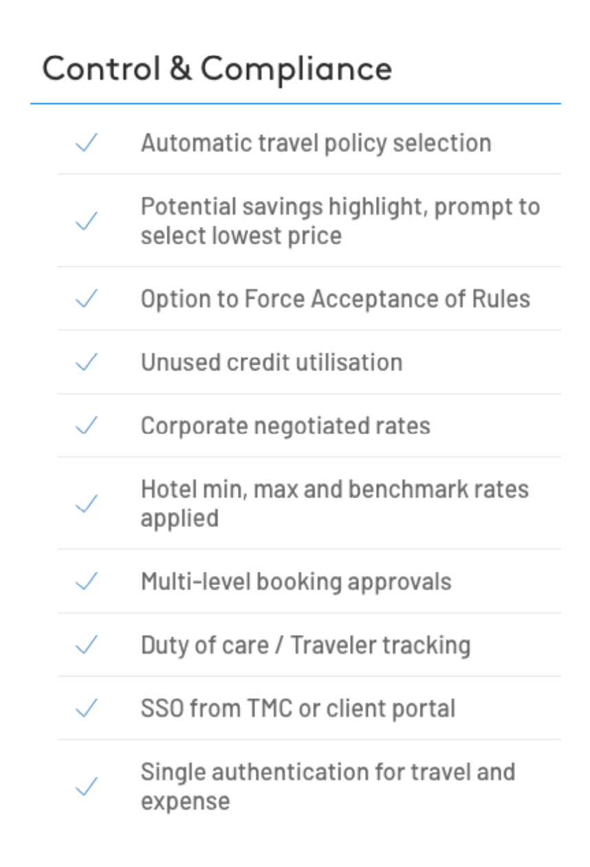List of features related to travel control and compliance.