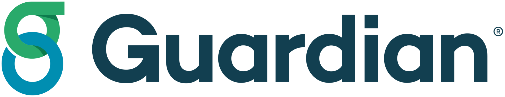A blue and green guardian logo on a white background