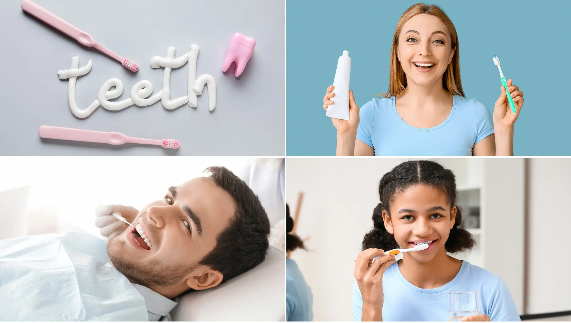 A collage of four pictures of people brushing their teeth.