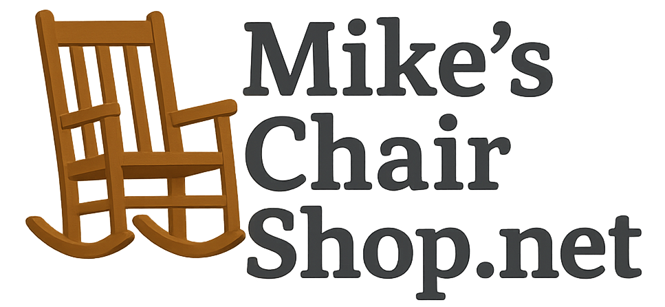 The logo for mike 's chair shop.net has a rocking chair on it.