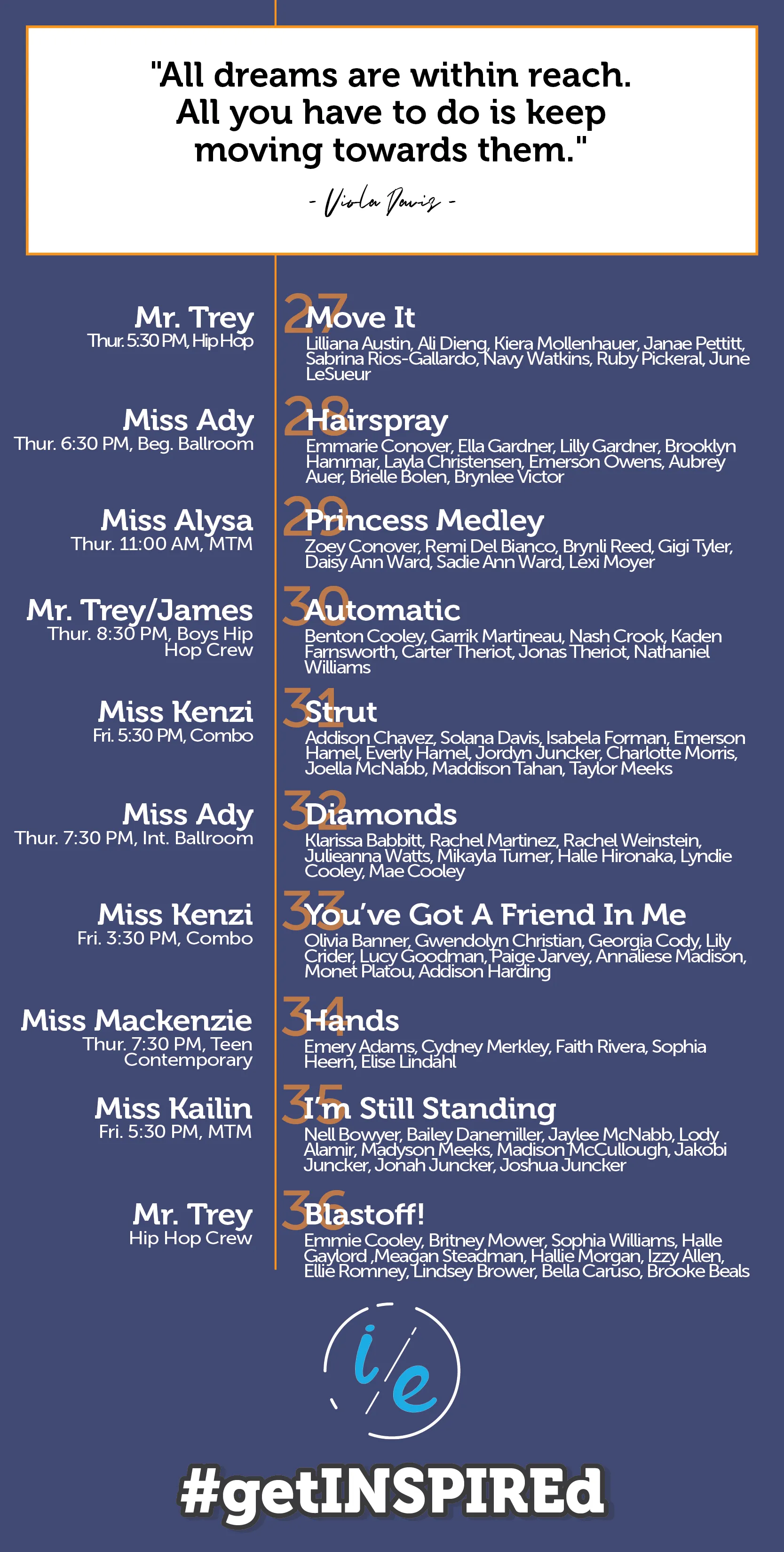 Blue “#getINSPIREd” infographic with a motivational quote and a list of actions for staying inspired
