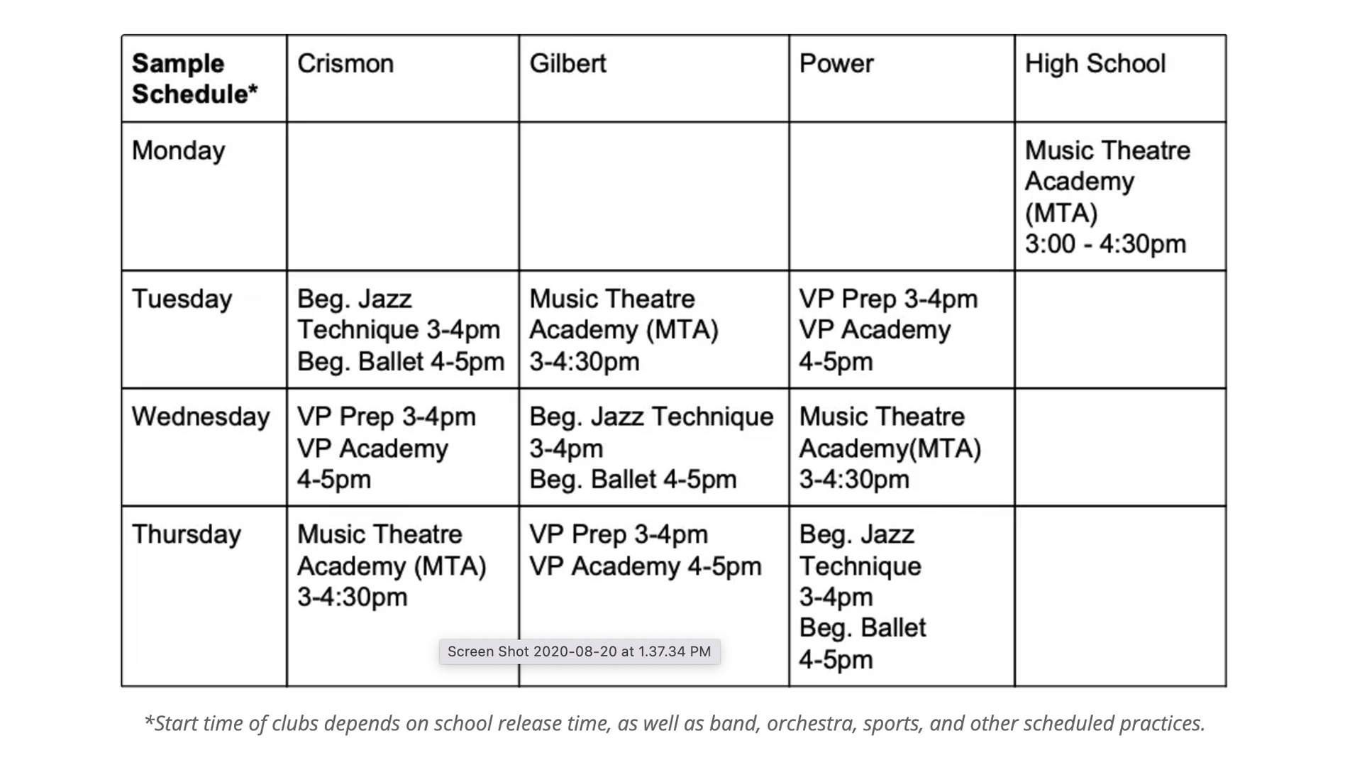 Weekly classroom schedule table with subjects and activities listed by day and time