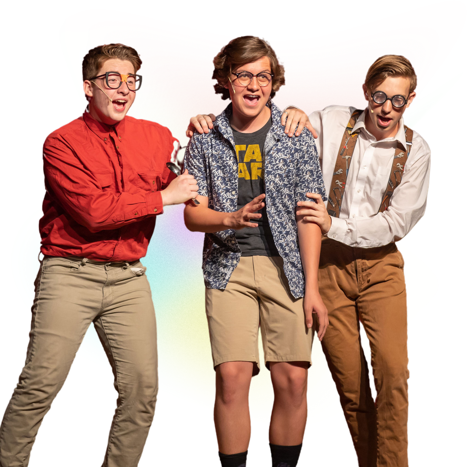 Three friends in colorful retro outfits posing together against a white background.