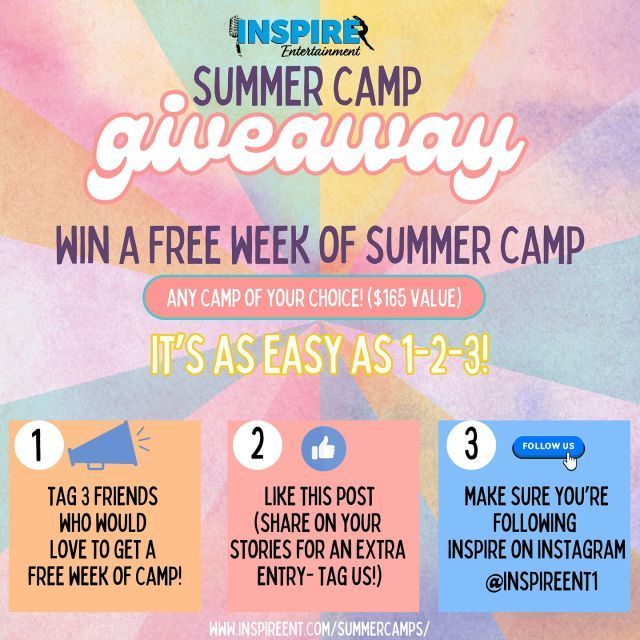 Summer camp giveaway flyer in pink and blue, with steps to tag friends, like, and follow for a free week of camp.