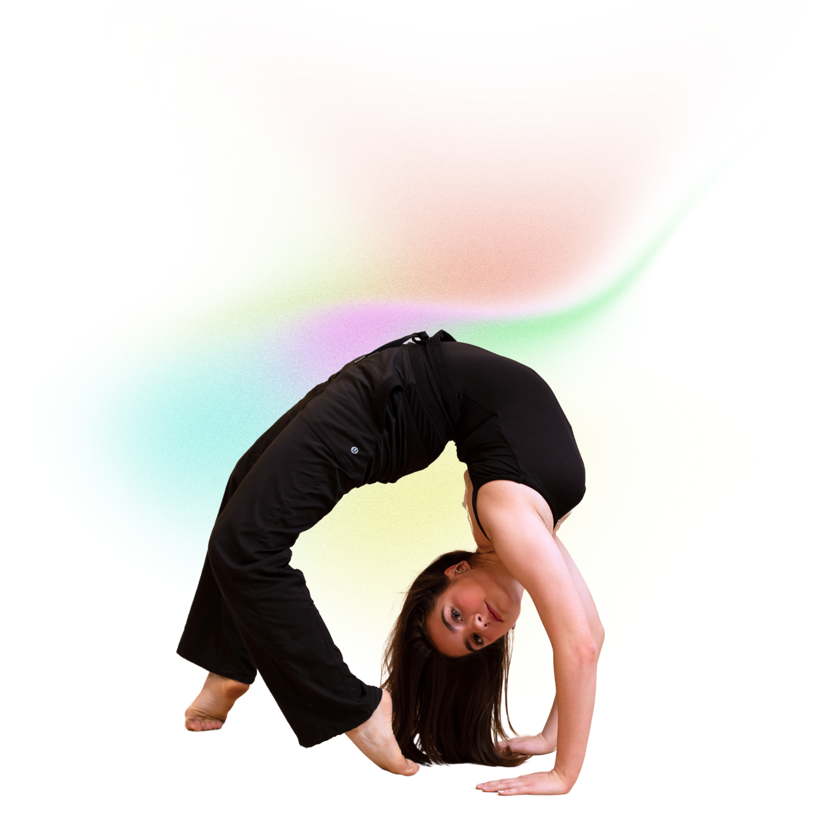 Contortionist in black outfit bending into a backbend against a white background with pastel light streaks