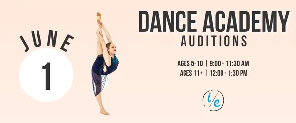 Dance Academy auditions poster with dancer, June 1 date, and audition time details