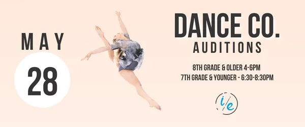 Dance Co. auditions poster with a dancer, May 28, 4–5:30 PM, 7–8:30 PM, on a peach background