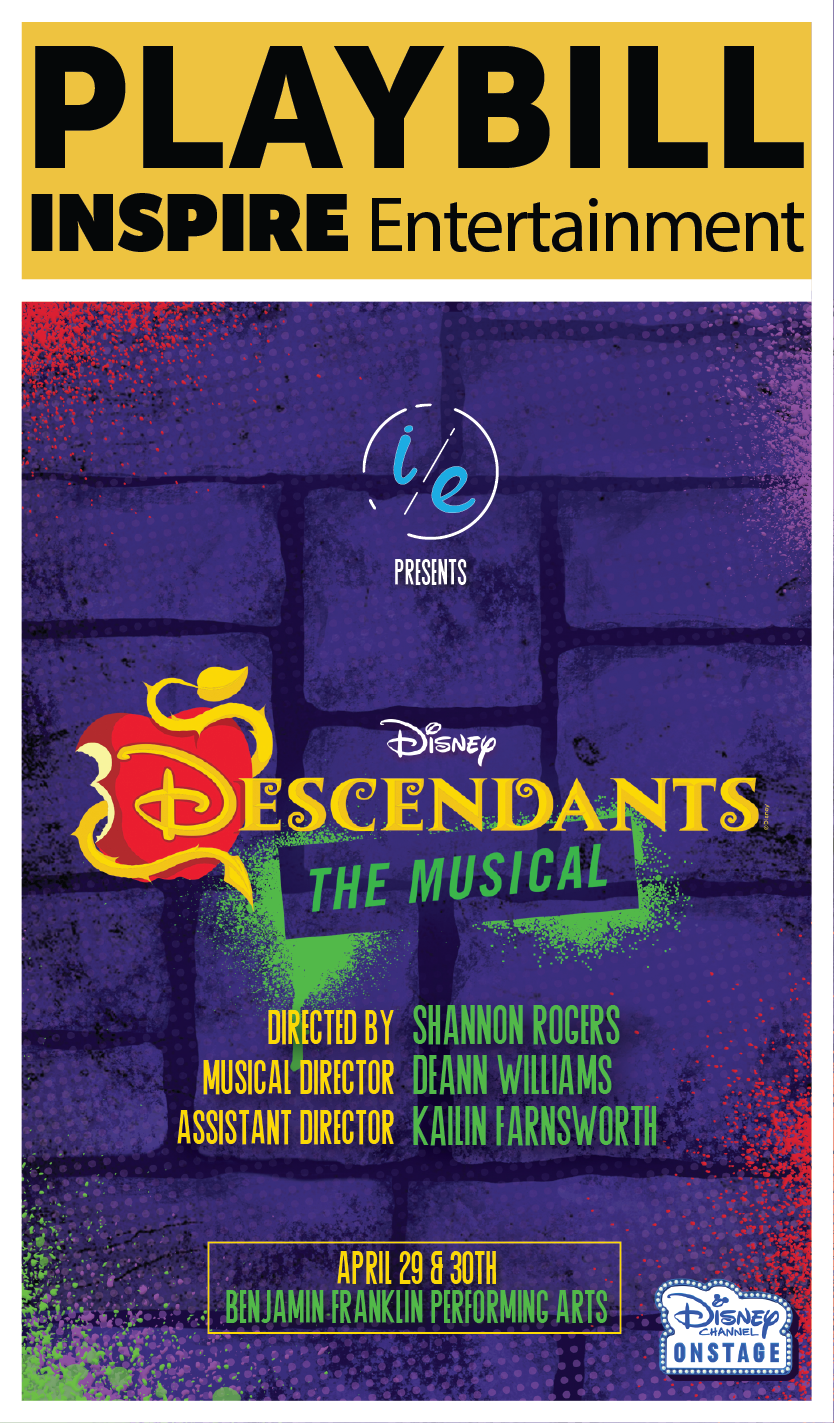 Playbill for Disney Descendants: The Musical on a purple brick backdrop with cast names and Inspire Entertainment logo