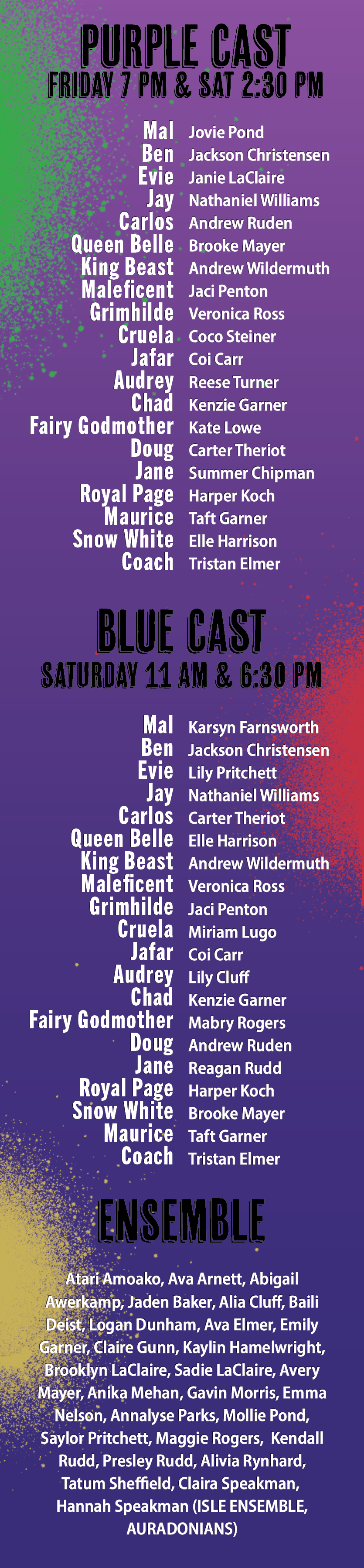 Purple event flyer listing artists and set times on a dark background with white text.