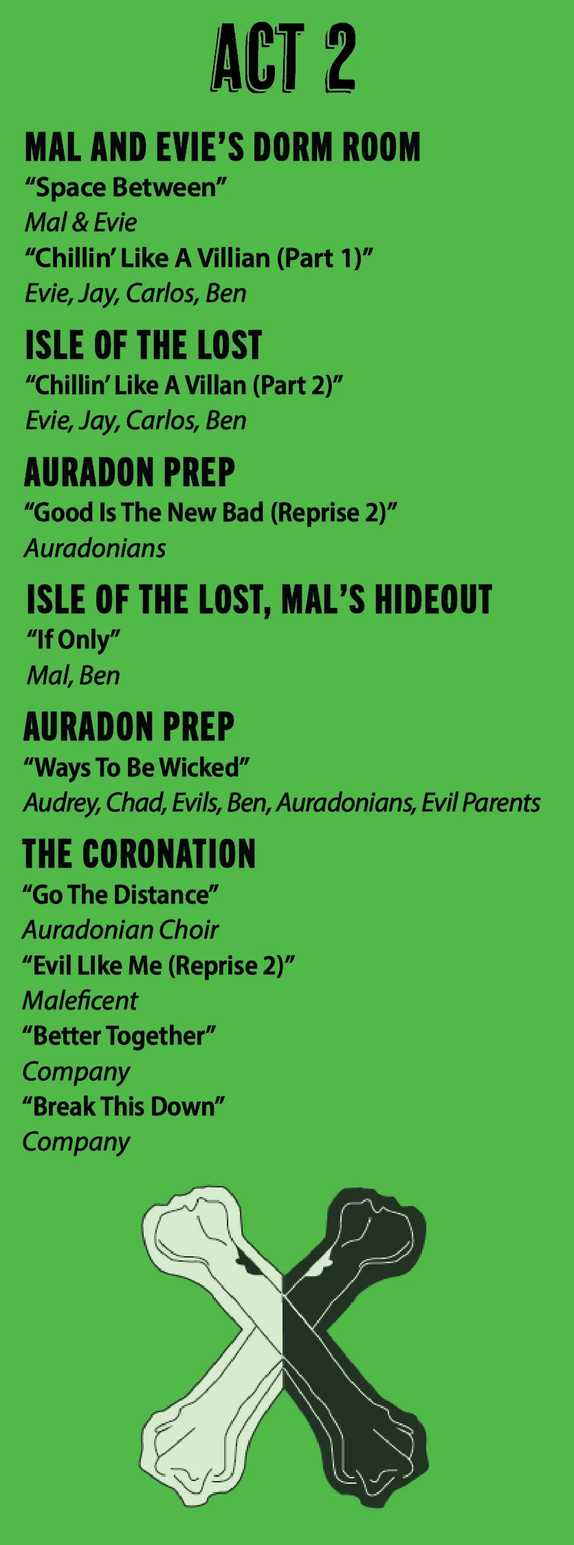 Green poster with black text listing Act 2 scenes and a large X at the bottom with green faces.