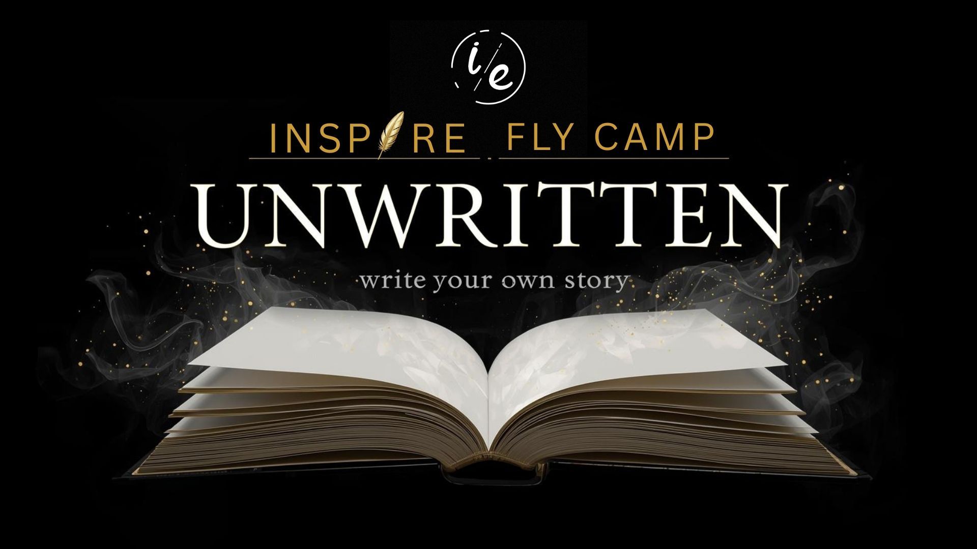 Inspire Fit Camp flyer with open book and the word “UNWRITTEN” on a dark background.