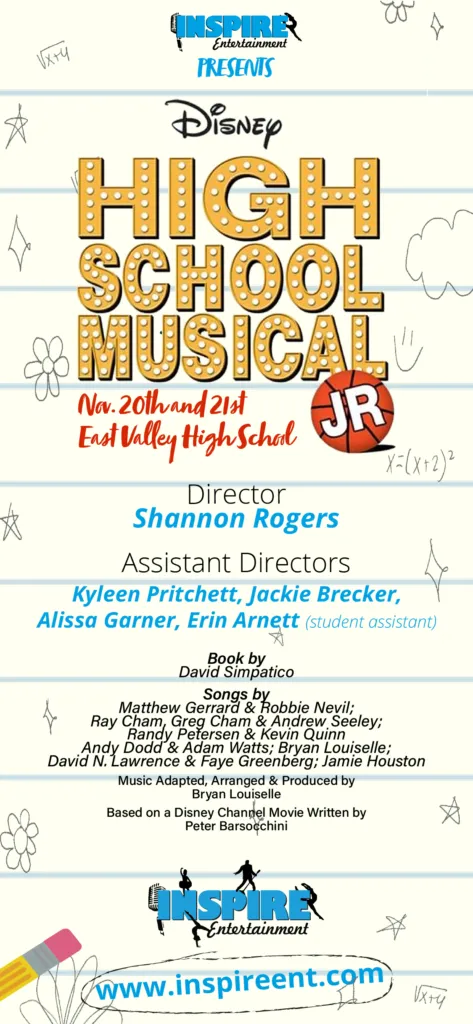 Poster for “Disney’s High School Musical JR” with show details, credits, and website on a white background
