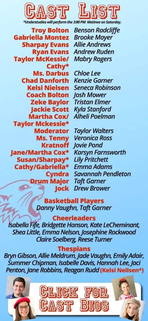 Monthly “Cast List” poster with red title, blue names, and small cast photos on a white background