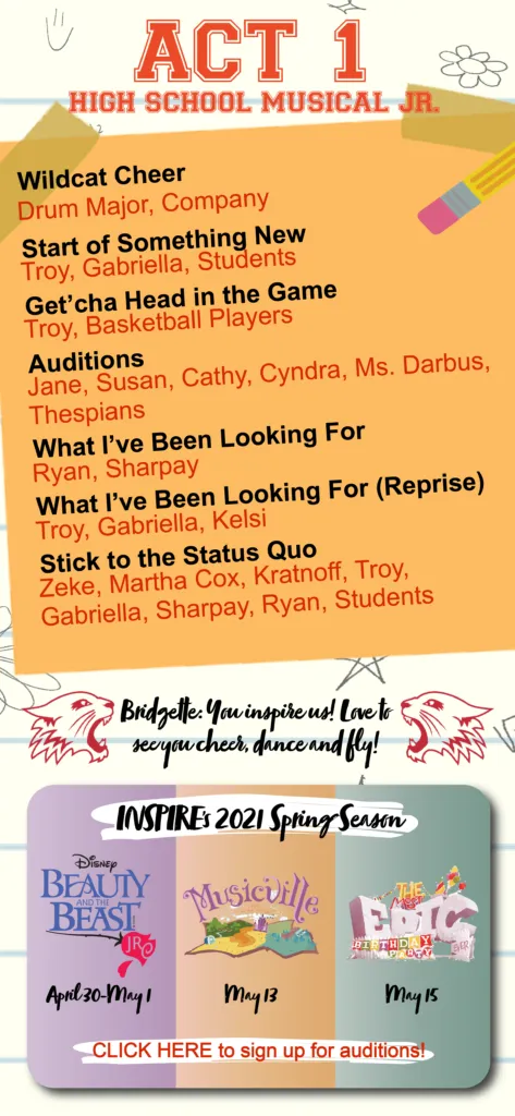 Act 1 school musical poster with orange title, song list, and show date details on a beige background
