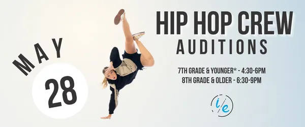 Hip hop crew auditions poster with dancer mid-air and date May 28