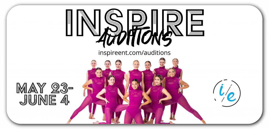 “Inspire Auditions” poster with six performers in pink and dates May 23–June 4