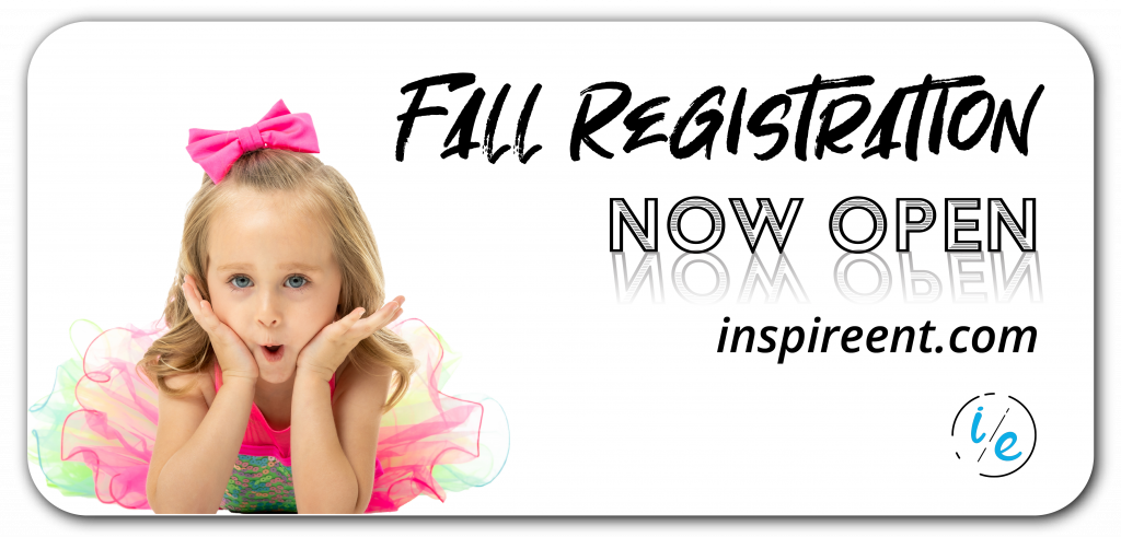 Promotional banner with a blonde child, “Fall Registration Now Open” and inspirlearn.com text