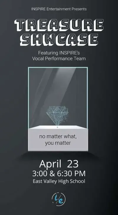 Poster for “Treasure Changes” at a museum, April 23, 3:00–6:30 PM, with a display case and diamond.