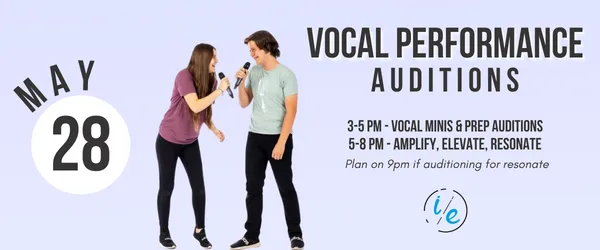 Vocal performance auditions poster with two people singing into microphones and date May 28 on a light purple background