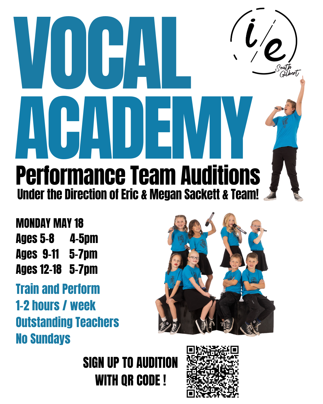 Vocal Academy performance team auditions flyer with blue text, dancers, dates, and QR code