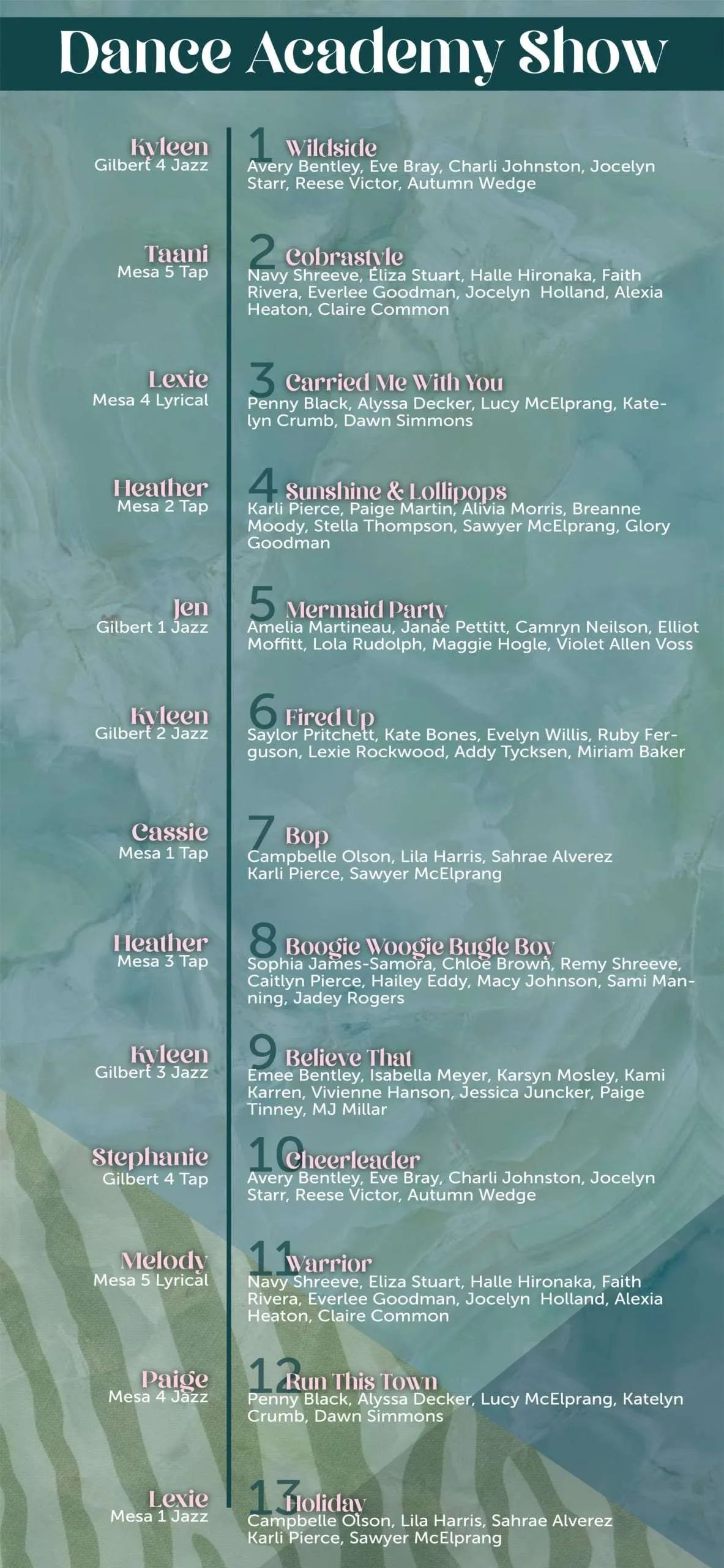 Dance academy show schedule poster with numbered performances on a teal background.