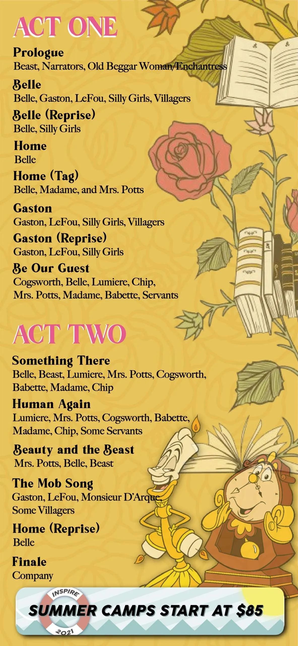 Fall theater camp schedule poster with floral doodles and “Summer camps start at 5/8” banner