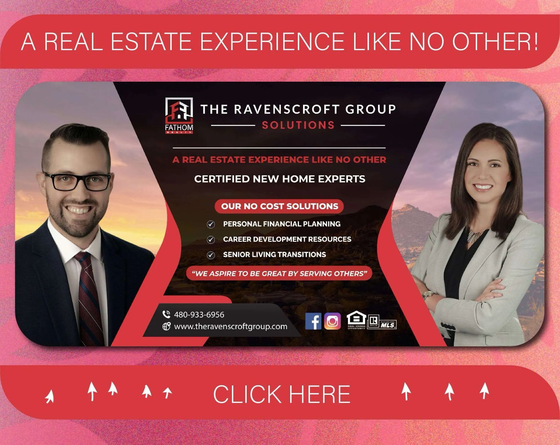 Real estate promo with two agents, red background, and “Click Here” call to action