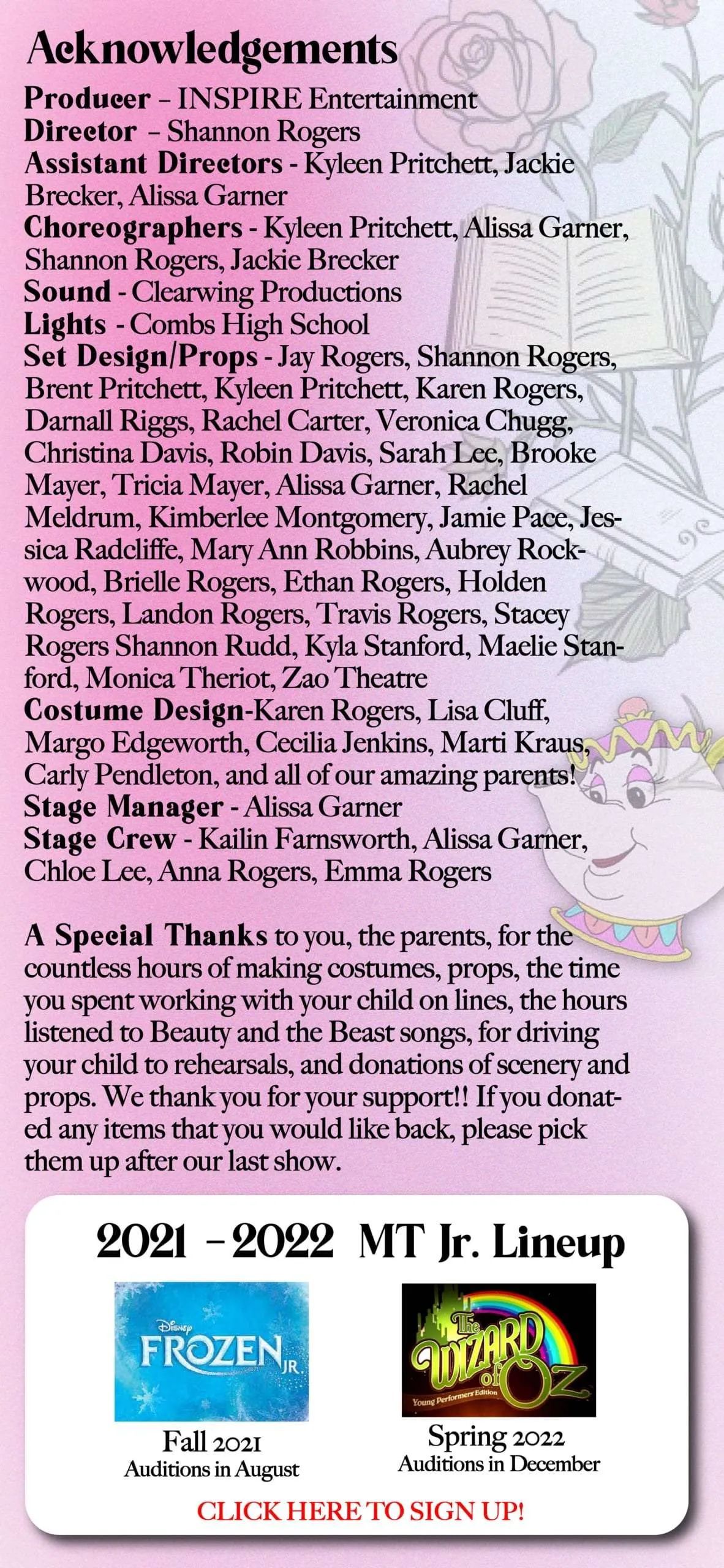 Pink flyer with dense black text and two small logos at the bottom, including a blue “Frozen” logo and a colorful emblem