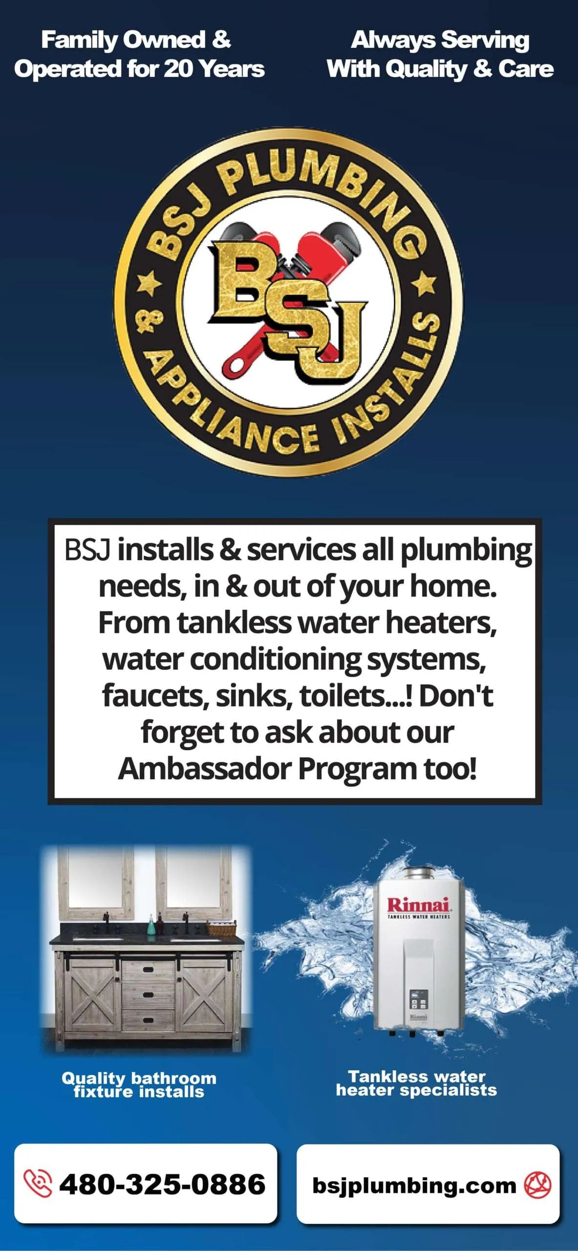 Plumbing service ad with logo, services list, van and promo badge on blue background