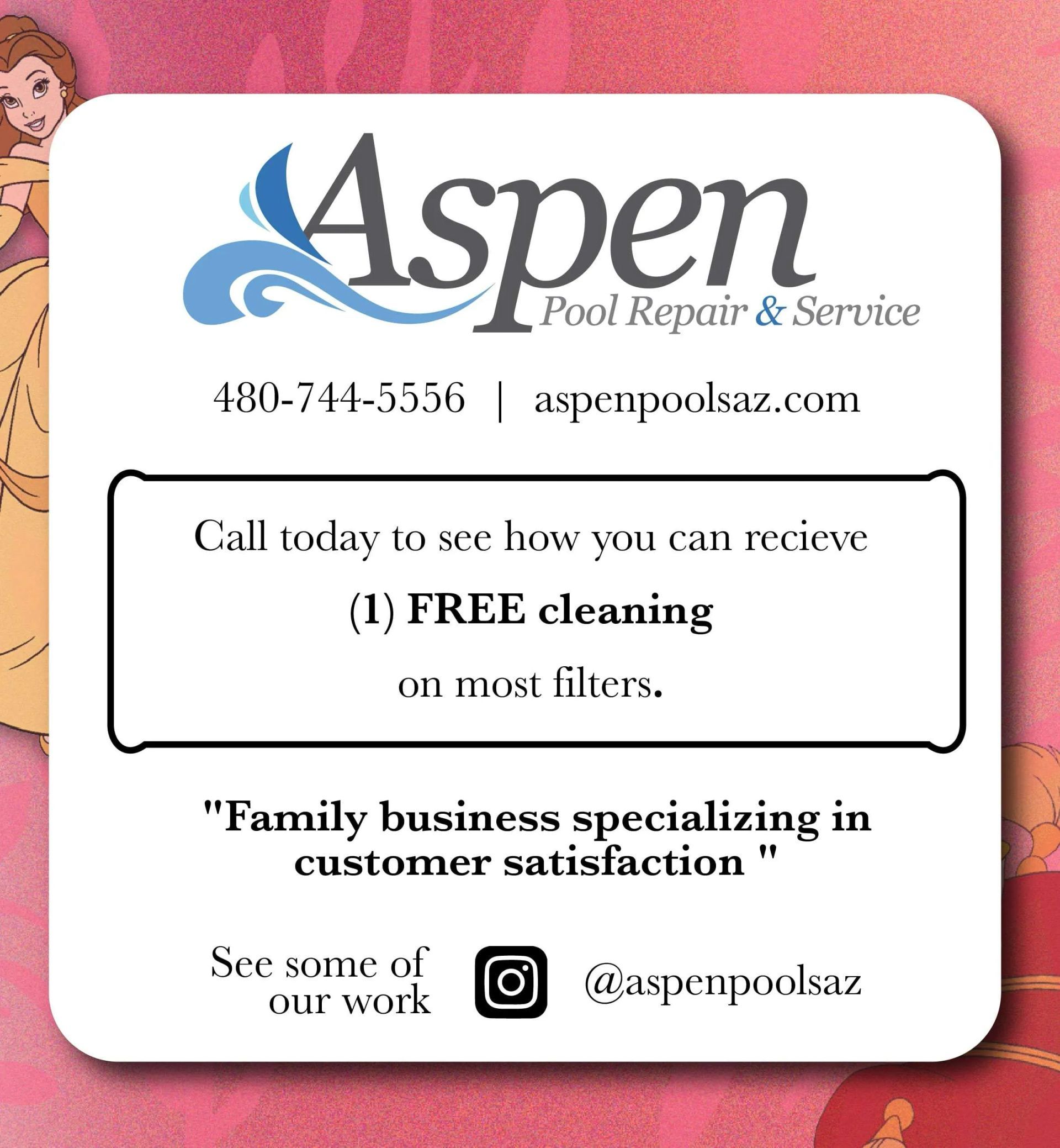 Aspen Pool Repair & Service ad on a pink background offering free cleaning with first repair