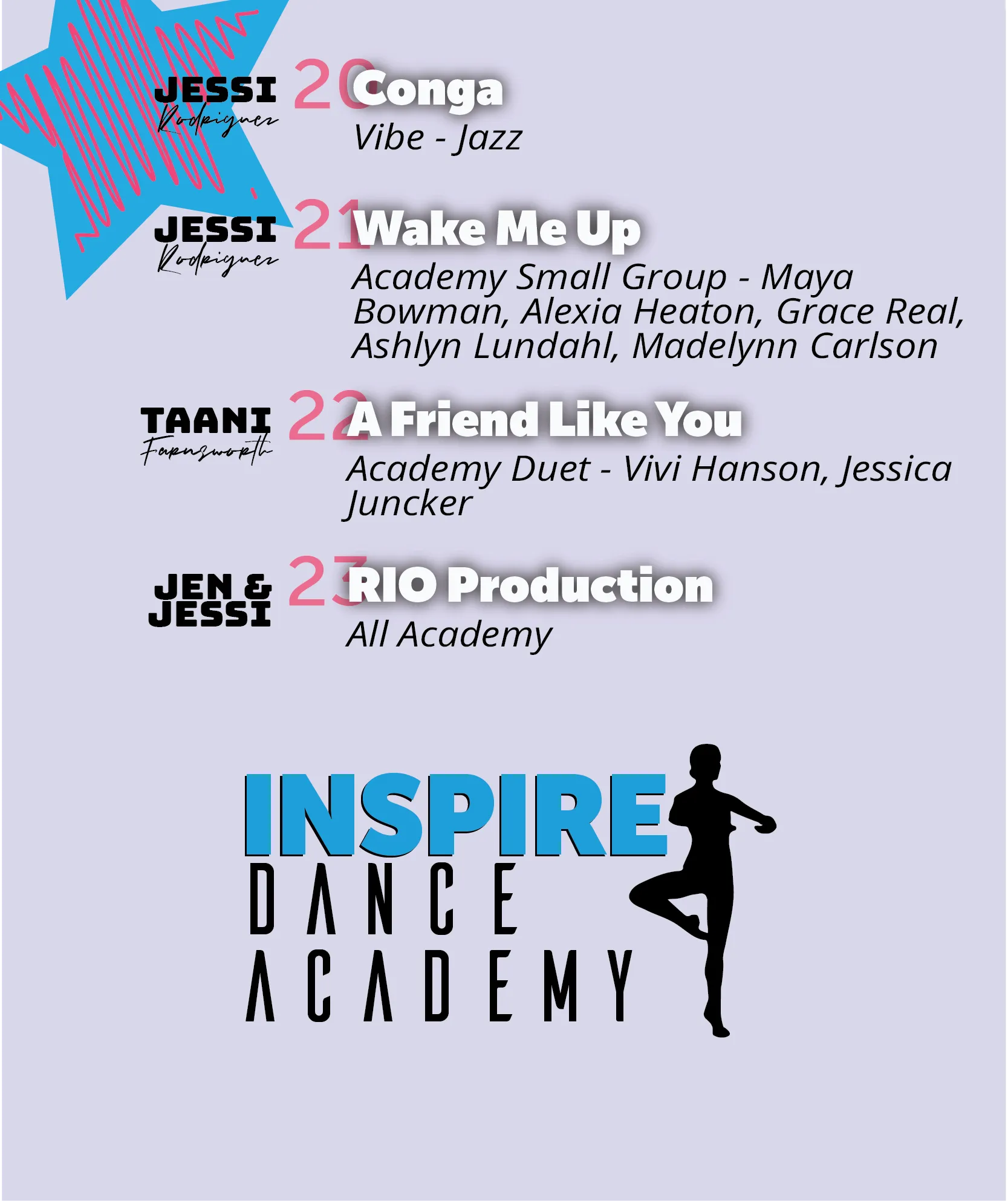 Inspire Dance Academy logo with a list of dance pieces and performers on a light purple background.