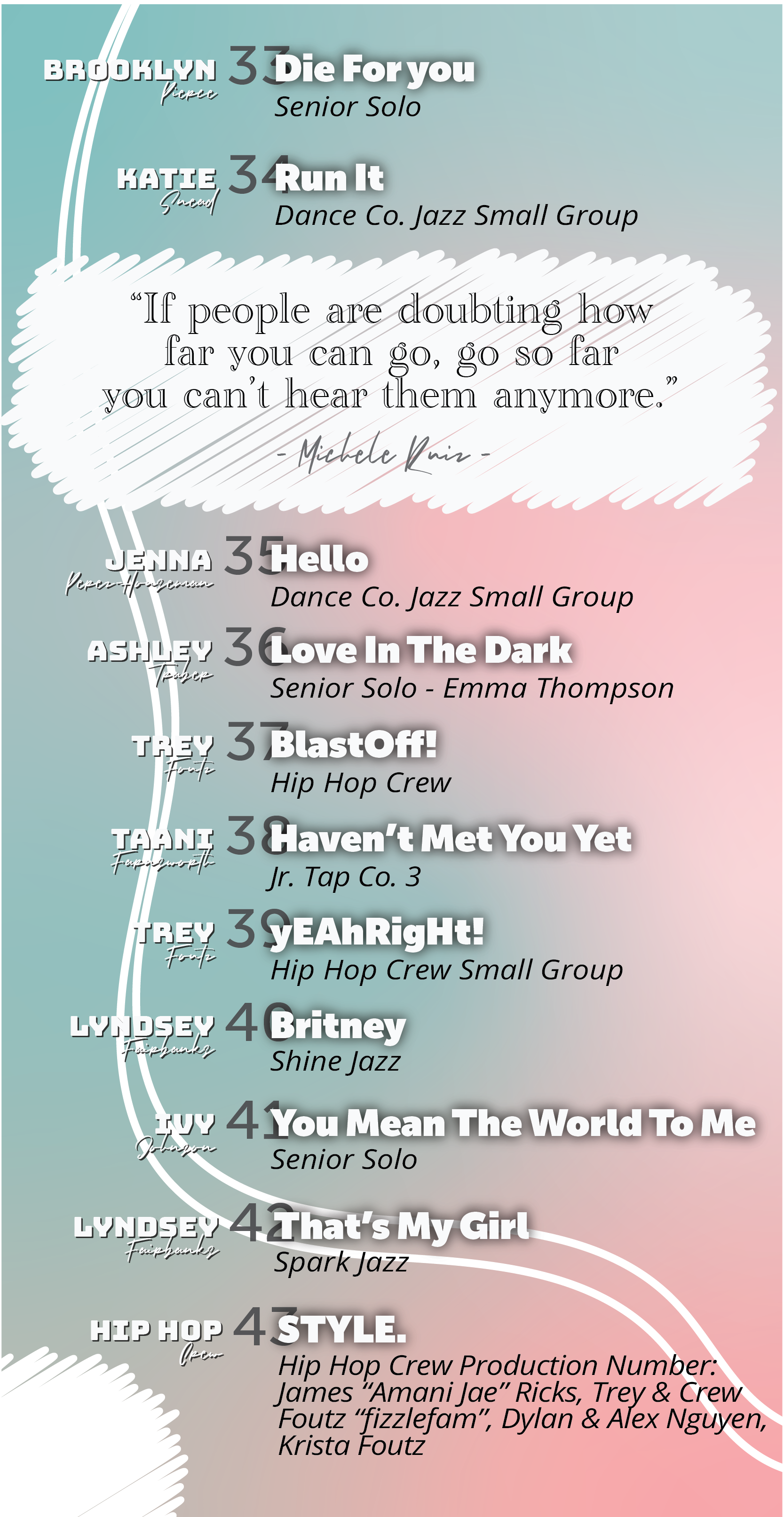 Handwritten-looking list of song titles on a pink and teal background with a white text bubble.