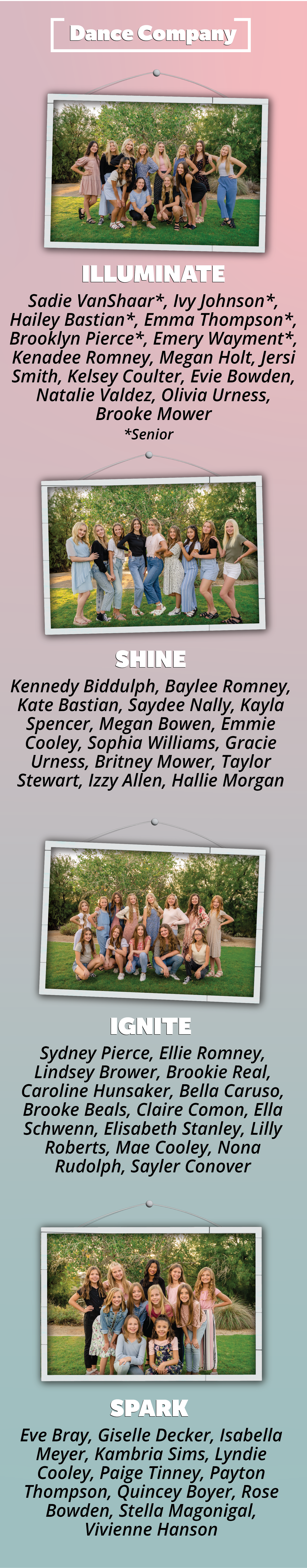 Collage of five small group photos on a pink background, showing people posing outdoors with text labels between them.