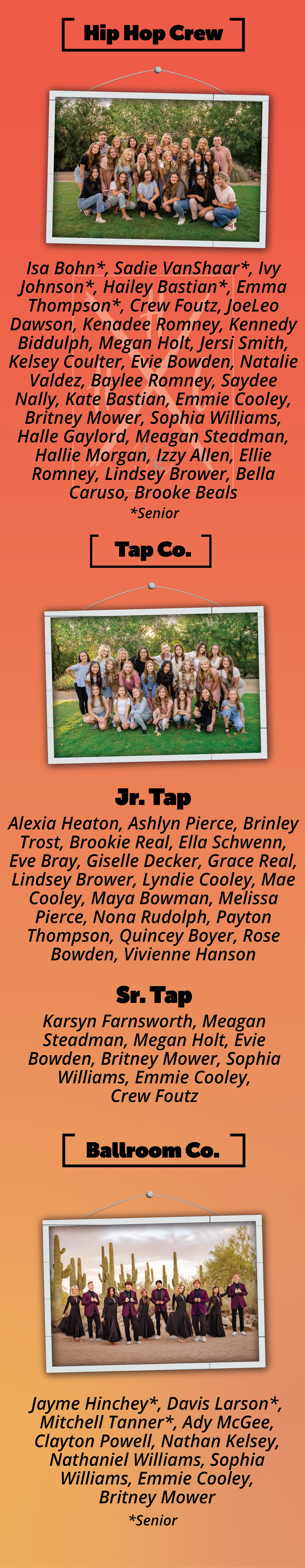 Tall orange poster with three small group photos and blocks of text.