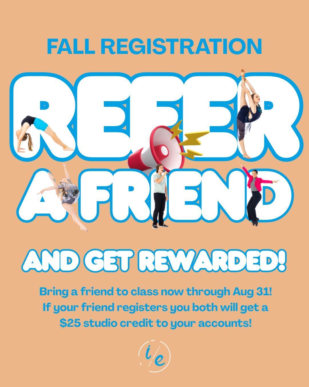 Refer-a-friend promo with two smiling children, blue background, and white text about inviting friends