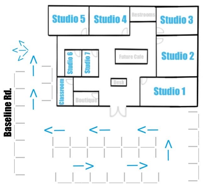 Building floor plan with studios, cafe, restroom, and blue directional arrows showing movement paths.