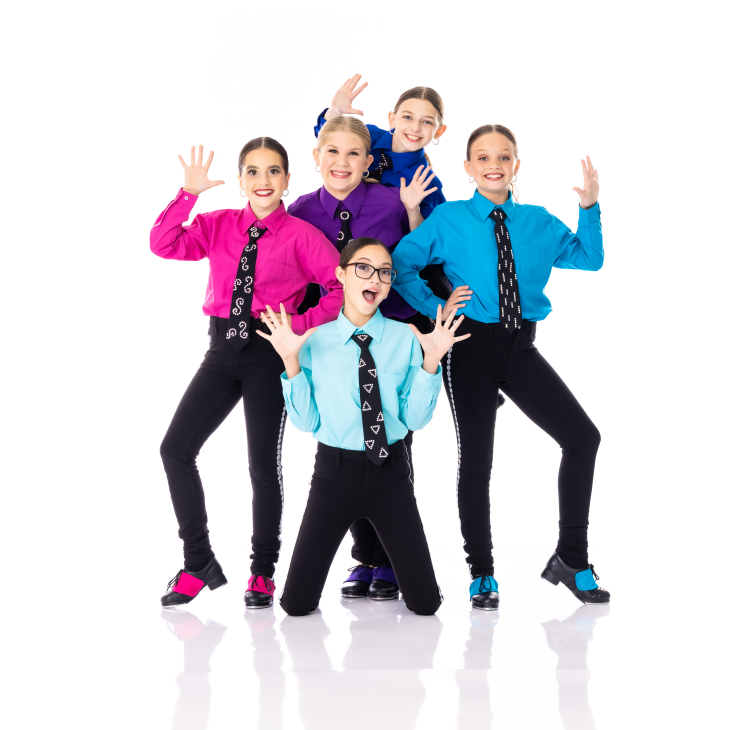 Five dancers posing in bright blue, purple, and pink outfits against a white background