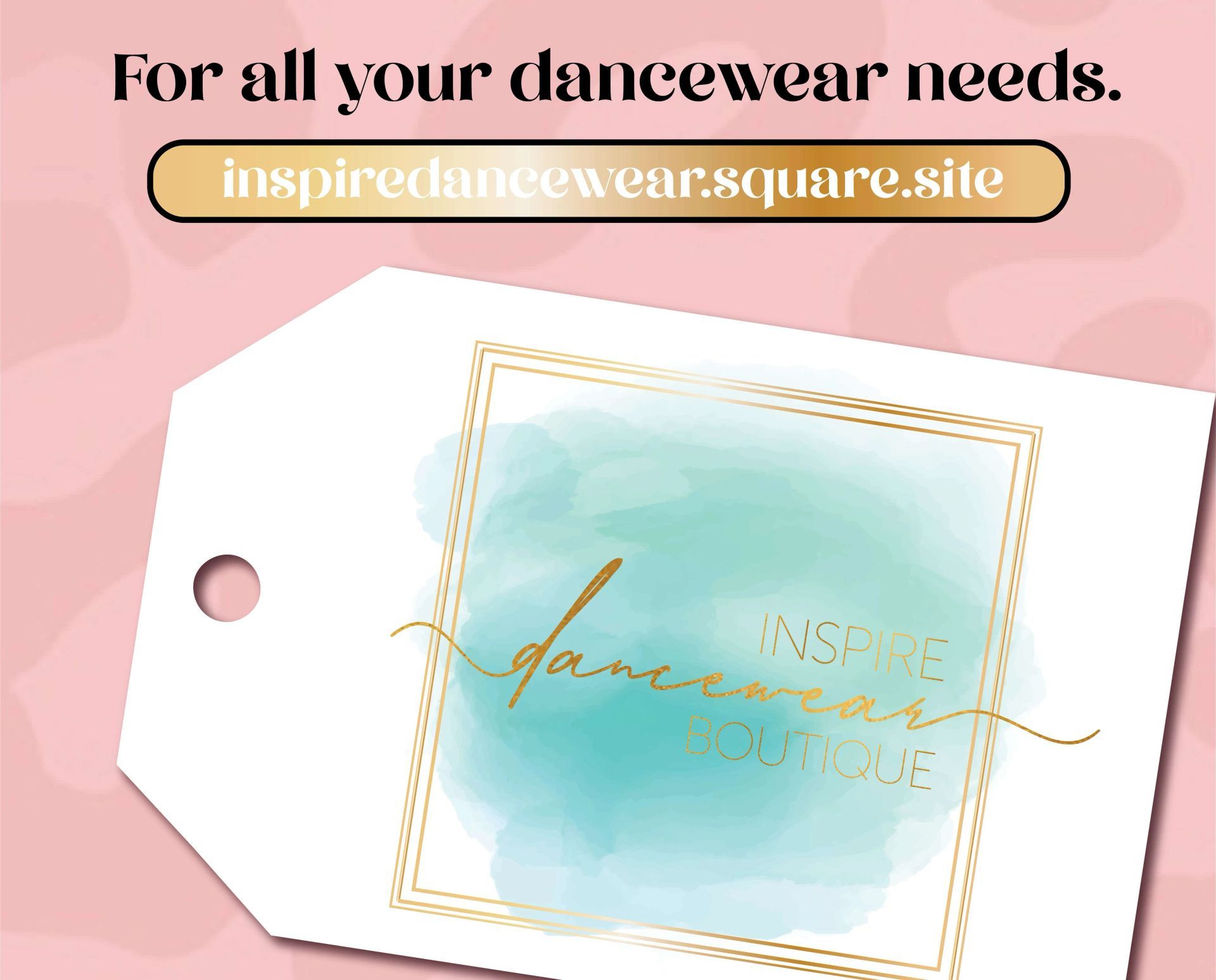 Pink dancewear promo card with website link and pastel logo tag on a white background