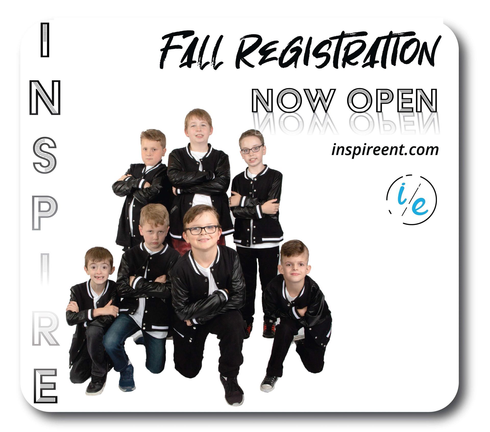 INSPiRE dance group promo with “Fall Registration Now Open” text and website address